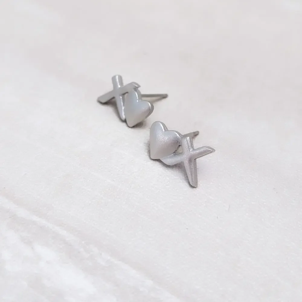 Kiss and Heart Stud Earrings Silver Tone